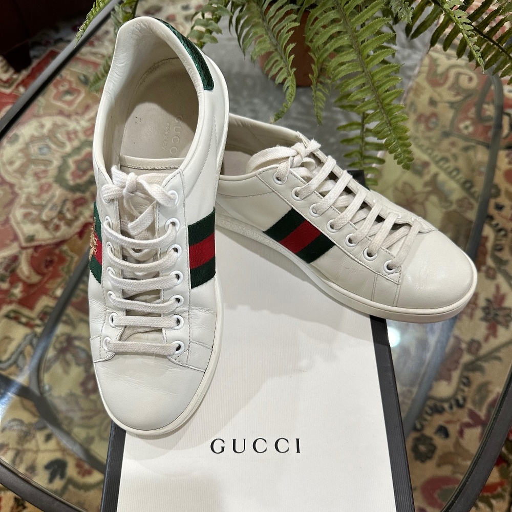 Gucci Ace Bee White Sneakers, 7 Women's, pre-owned